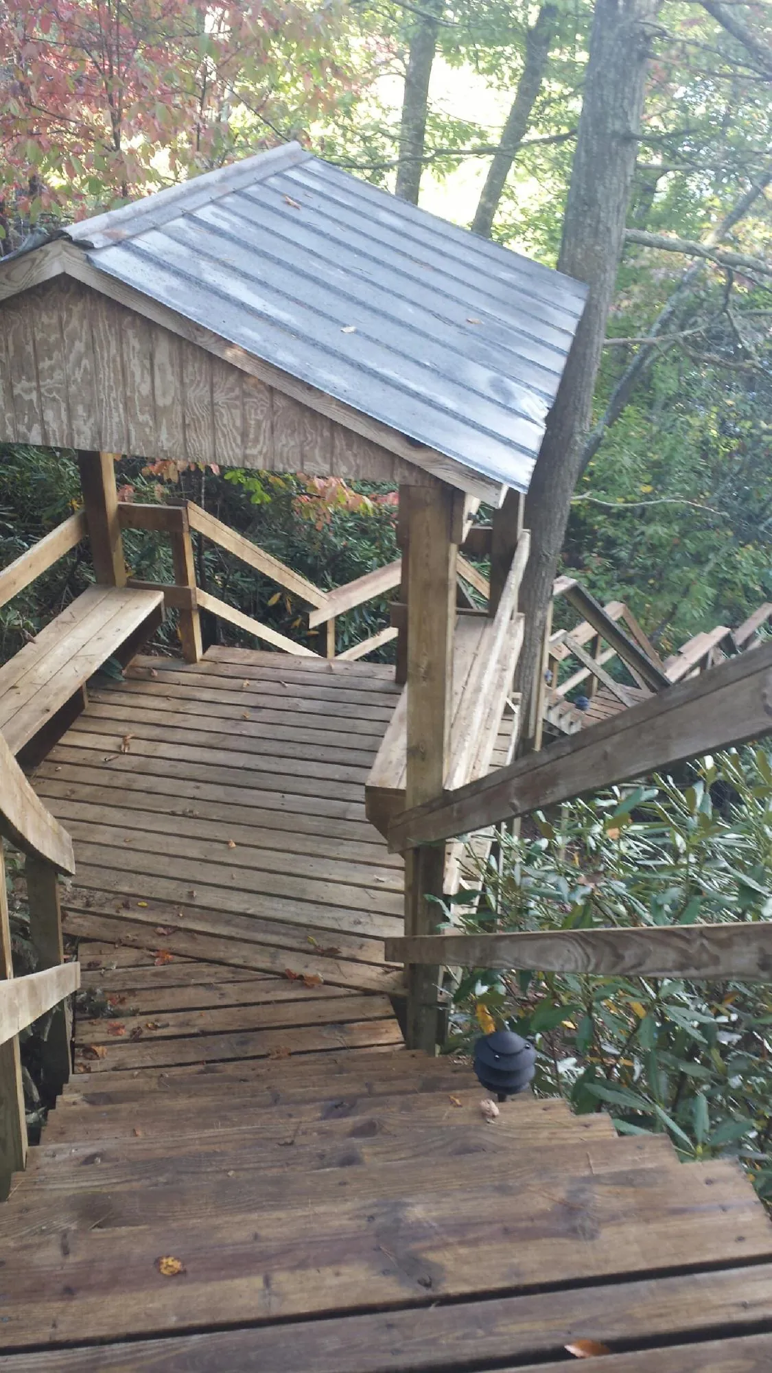 Metal roofed shelter over wooden steps on a wooded walkway — Skylight Repair & Installation work by our crew in Stateline